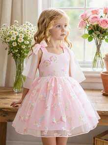SHEIN Glamorique Kids 花童生日派对婚礼礼服，女童吊带薄纱蝴蝶结连衣裙，蝴蝶结肩部设计，刺绣薄纱蓬蓬裙，适合舞台表演、主持、参加派对或特殊场合、艺术照拍摄，四季皆宜。 - 粉色 - 查看 5