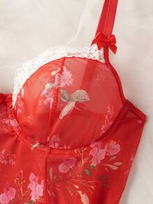 SHEIN 女士蕾丝拼接花卉印花吊带睡裙和丁字裤性感睡衣套装 - 紅色 - 查看 6