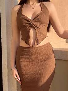 Hitanina 2pcs/Set Summer Sexy Solid Color Twist Backless Halter Tank Top And Fish Tail Skirt - Brown - View 6