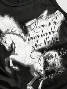 ROMWE Grunge Punk Unicorn Floral English Print Ruched Plus Size Women Tank Top - Black - View 4