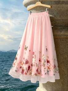 GlowEve 女士粉色网纱花卉刺绣半身裙，雪纺印花，适合约会和外出，春夏款 - 粉色 - 查看 2