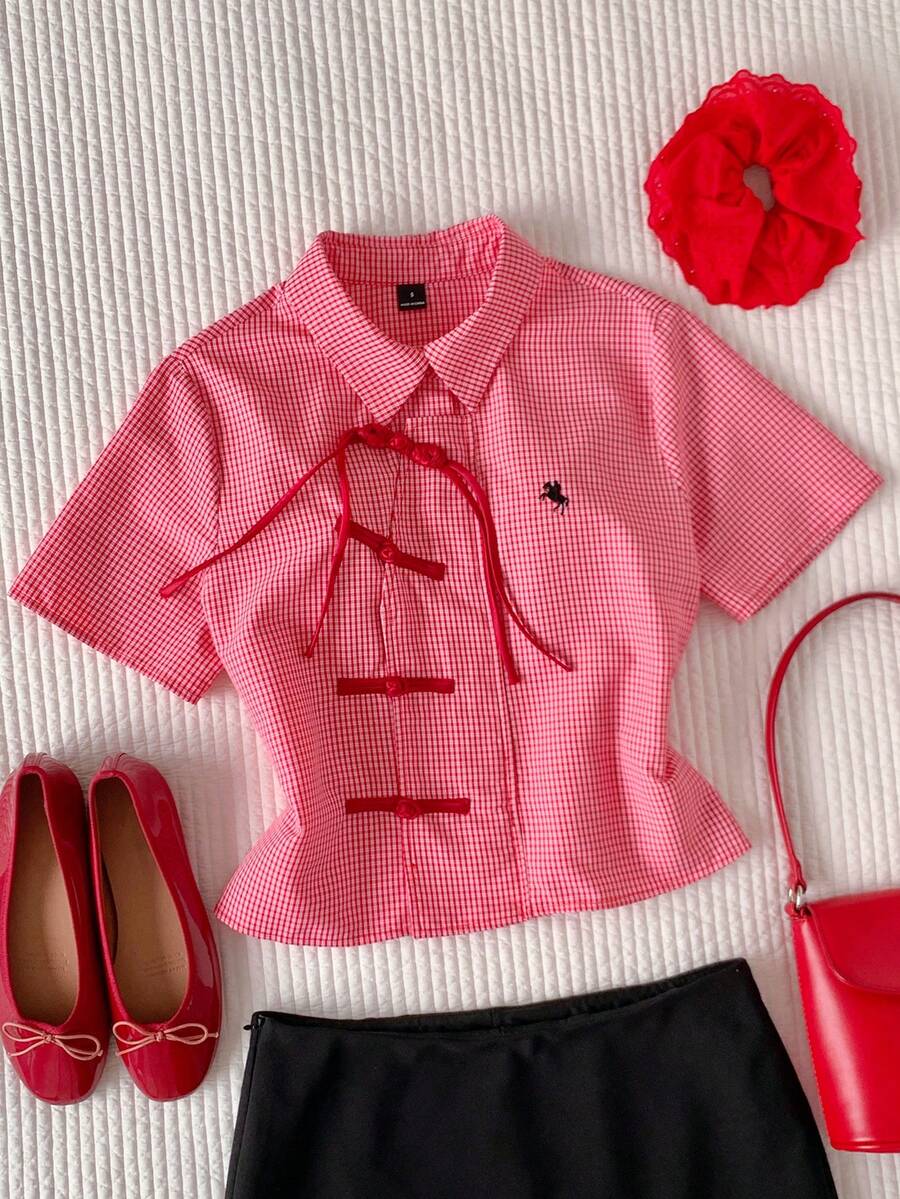 SHEIN Comfortcana Áo sơ mi nữ kẻ caro đỏ kiểu Trung Quốc mùa xuân/hè mới, thích hợp cho các lễ hội âm nhạc, phong cách đường phố, thường ngày, sinh viên và đi làm. - Đỏ - Xem 1