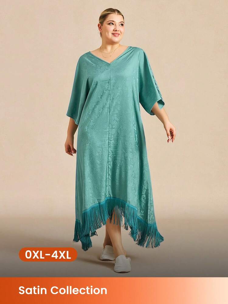 Plus Size Breathable Half-Sleeve Sleep Dress With Fringe Hem