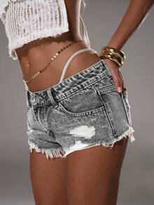 TRNVIE Plain Color Frayed Waist Belt Loop Ripped Denim Shorts, Summer - Light Grey - View 3