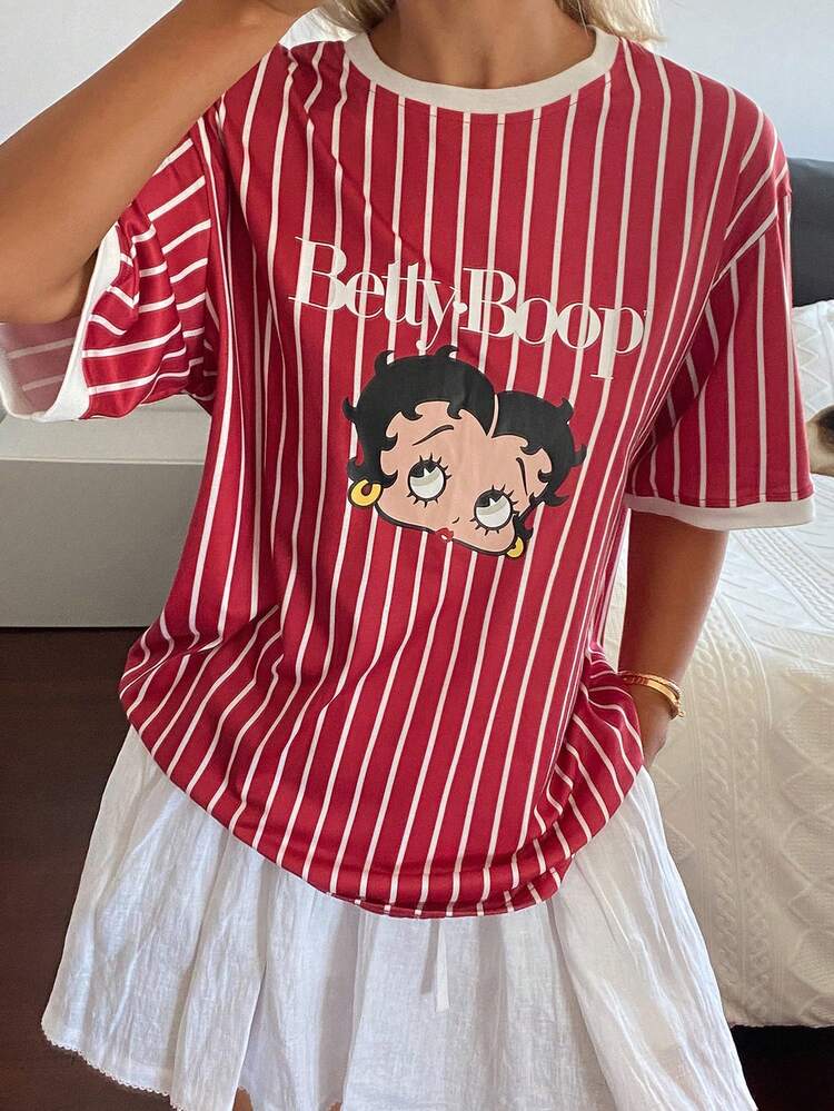 Women's Cartoon Portrait & Striped Print Round Neck Short Sleeve T-Shirt