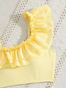 SHEIN Tween Girls Bikini Sets, Blue & White Striped Cute Ruffled Asymmetric Shoulder Adjustable Strap Ruffled Hem Triangle Swimsuit Two Pieces Swimwear Set - Yellow - View 4