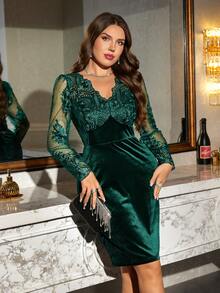 SHEIN Clasi Plus Size Elegant Party Mesh Embroidered Velvet Patchwork Fitted Dress, Suitable For Gatherings Winter Clothes Women Christmas Fall Fashion 2026 - Dark Green - View 6