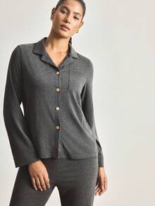 Ocili 女士宽松舒适针织领长袖睡衣套装 - 深灰色 - 查看 5