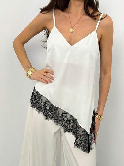 Aloruh 女士时尚蕾丝拼接不对称下摆黑色吊带背心，缎面和蕾丝饰边撞色设计，性感百搭