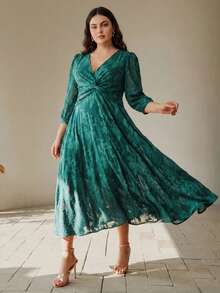 Anewsta Elegant Jacquard Woven Party Dress For Women Fall - Dark Green - View 2