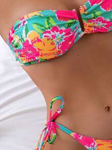 con estampado floral Bandeau con cordón lateral Bañador bikini - Multicolor - Ver 3
