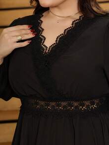 Bibi Tomais Plus Size Elegant Solid Color Lace Patchwork Dress - Black - View 5