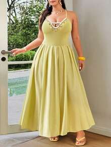 FleurLily Plus Size Women Summer Fashion Elegant Vacation V-Neck Patchwork Ruched A-Line Slip Dress Gym Brown - Yellow - View 5