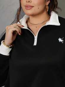 Bibi Tomais Plus Size Contrast Color Embroidery Casual Pullover Pullover Sweatshirt - Black - View 3