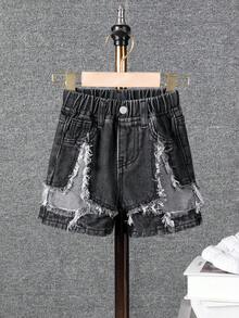 SHEIN 男童牛仔短裤，夏季新品，休闲可爱星星拼接毛边裤脚，松紧腰带，复古做旧水洗，时尚宽松直筒裤型，舒适棉质牛仔面料，适合夏季度假、日常出行和户外活动 - 灰色 - 查看 3