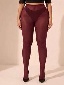 SHEIN Tall CURVE 大码女式纯色弹力腰时尚打底裤 - 酒紅色 - 查看 4