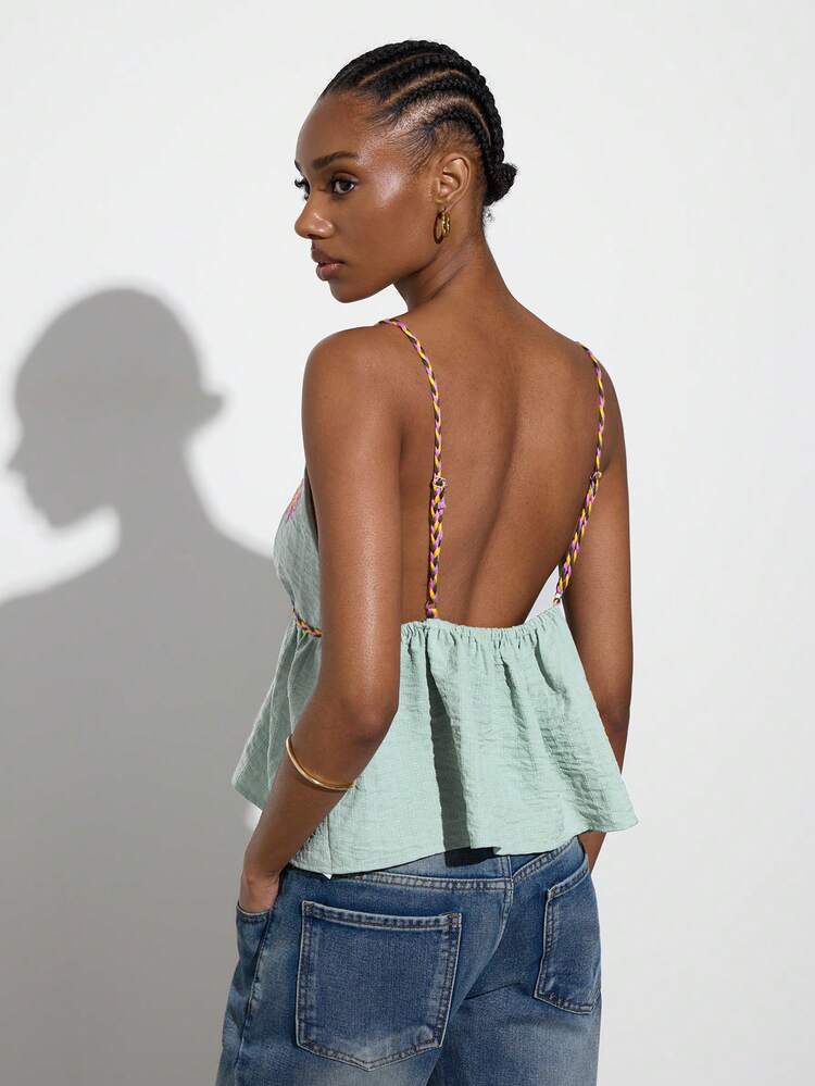 SHEIN Maija Damska koszulka na wakacje z odkrytymi plecami i haftem