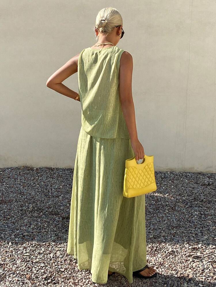 Women's Solid Color Loose Halter Sleeveless Tank Top And A-Line Long Skirt Elegant Vacation Summer 2-Piece Set