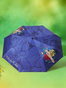 Frida Kahlo X SHEIN 1把印花图案雨伞，UPF 50+ 防紫外线，适合学校、工作、户外活动和日常使用，专为大学生、高中生、男女设计，墨西哥风格，热带花卉、蝴蝶、弗里达·卡罗、复古艺术，展现女性力量。 - 灰藍色 - 查看 3