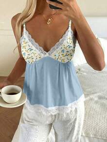 SHEIN CovetEZ Áo tank top ôm sát dáng babydoll ren phối ren, kiểu dáng thường ngày, thích hợp mặc hàng ngày. - Nhiều màu - Xem 3
