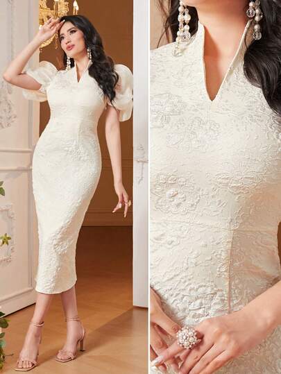 Modelyn Puff Sleeve Split Backless Jacquard Dress Without Belt Long Evening Dresses