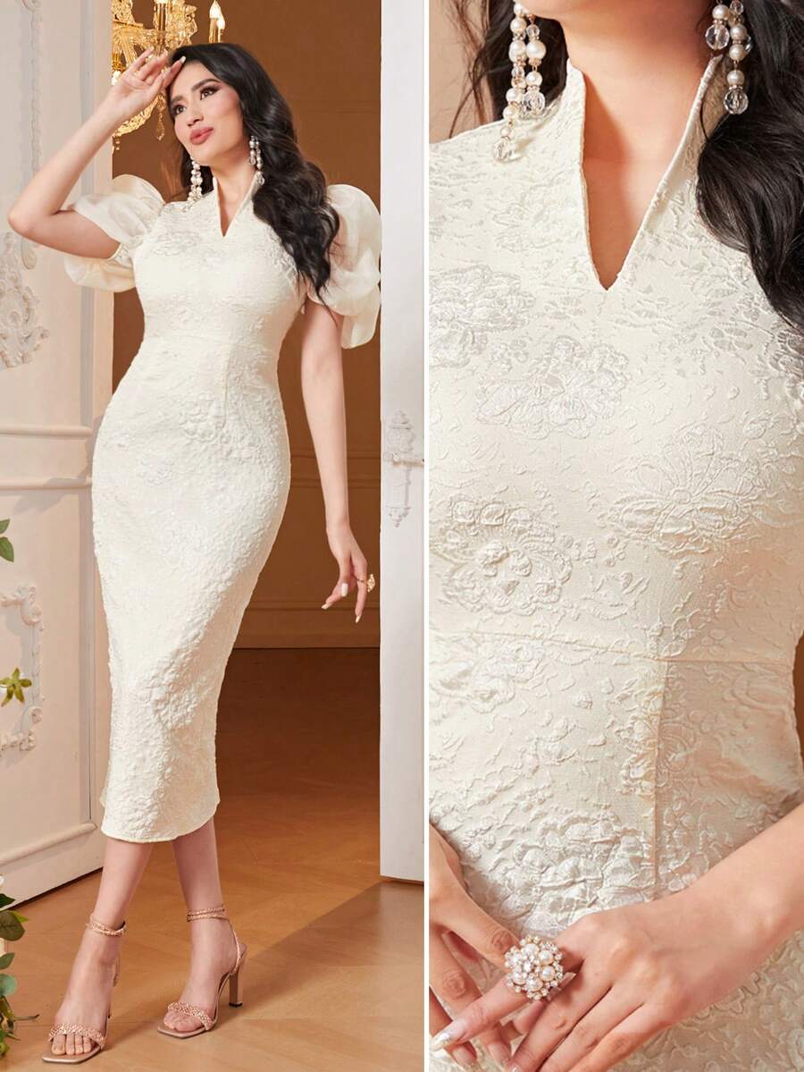 Modelyn Puff Sleeve Split Backless Jacquard Dress Without Belt Long Evening Dresses