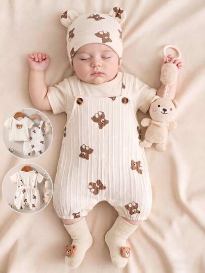 SHEIN Newborn Baby Soft Bear Patch Short Sleeve T-Shirt And Bib Shorts Set