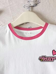 THE POWERPUFF GIRLS X SHEIN 少女休闲卡通字母图案圆领短袖T恤，夏季 - 白色 - 查看 4