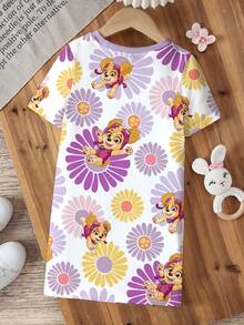 SHEIN | PAW Patrol 女童卡通印花短袖长裙 - 白色 - 查看 2