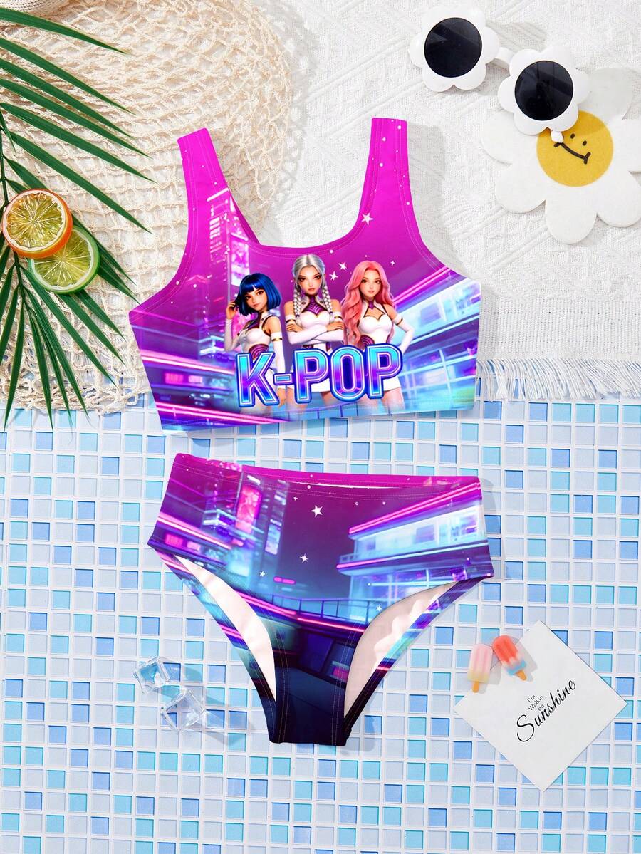 SHEIN 女童字母卡通印花背心式泳衣套装，适合夏季穿着 - 彩色 - 查看 1