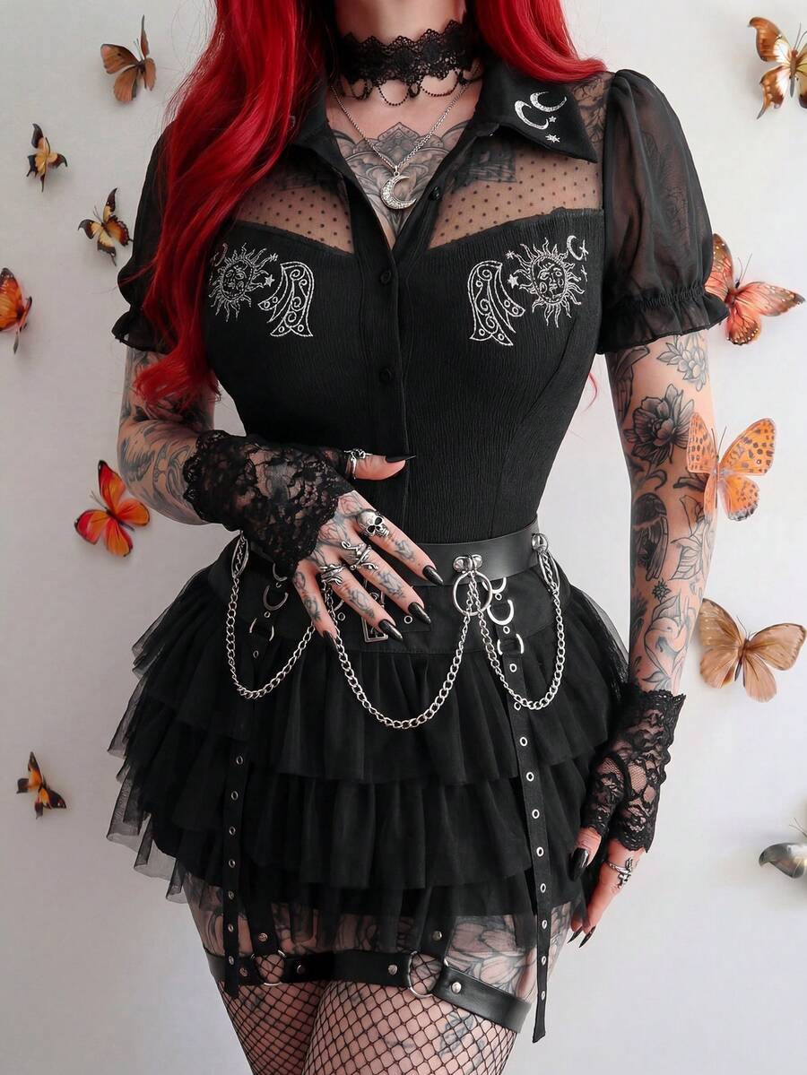 Whyspr Áo kiểu nữ phong cách Punk màu đen in họa tiết chấm bi rỗng - màu đen - Xem 1