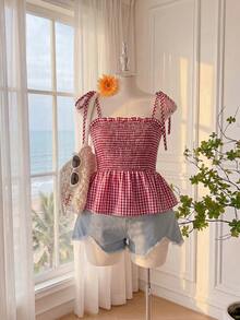 Comfortcana Plus Size Summer Vacation Ruffled Red Plaid Pinafore Camisole & Camisole - Red - View 1