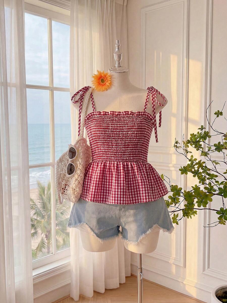 Comfortcana Plus Size Summer Vacation Ruffled Red Plaid Pinafore Camisole & Camisole - Red - View 1
