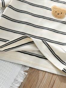 Cozy Pixies 2pcs/Set Kids Baby Boy/Girl Striped Bear Print Soft Knit Round Neck Short Sleeve Top And Elastic Waist Khaki Shorts - Multicolor - View 6