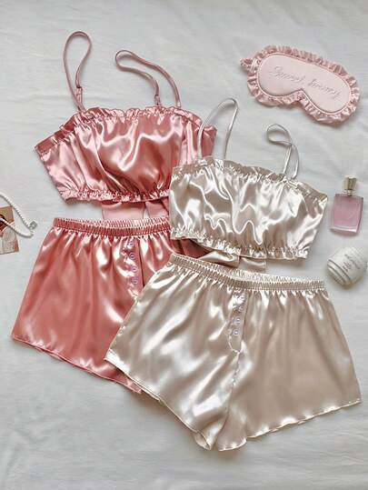 Comfortcana 4 件套女士仿丝后系蝴蝶结吊带背心和短裤套装（双色）