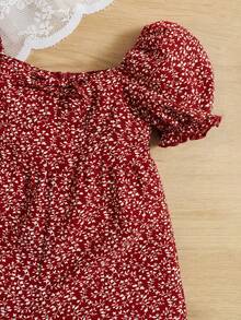 SHEIN Baby Girl Allover Print Puff Sleeve Romper - Red and White - View 4