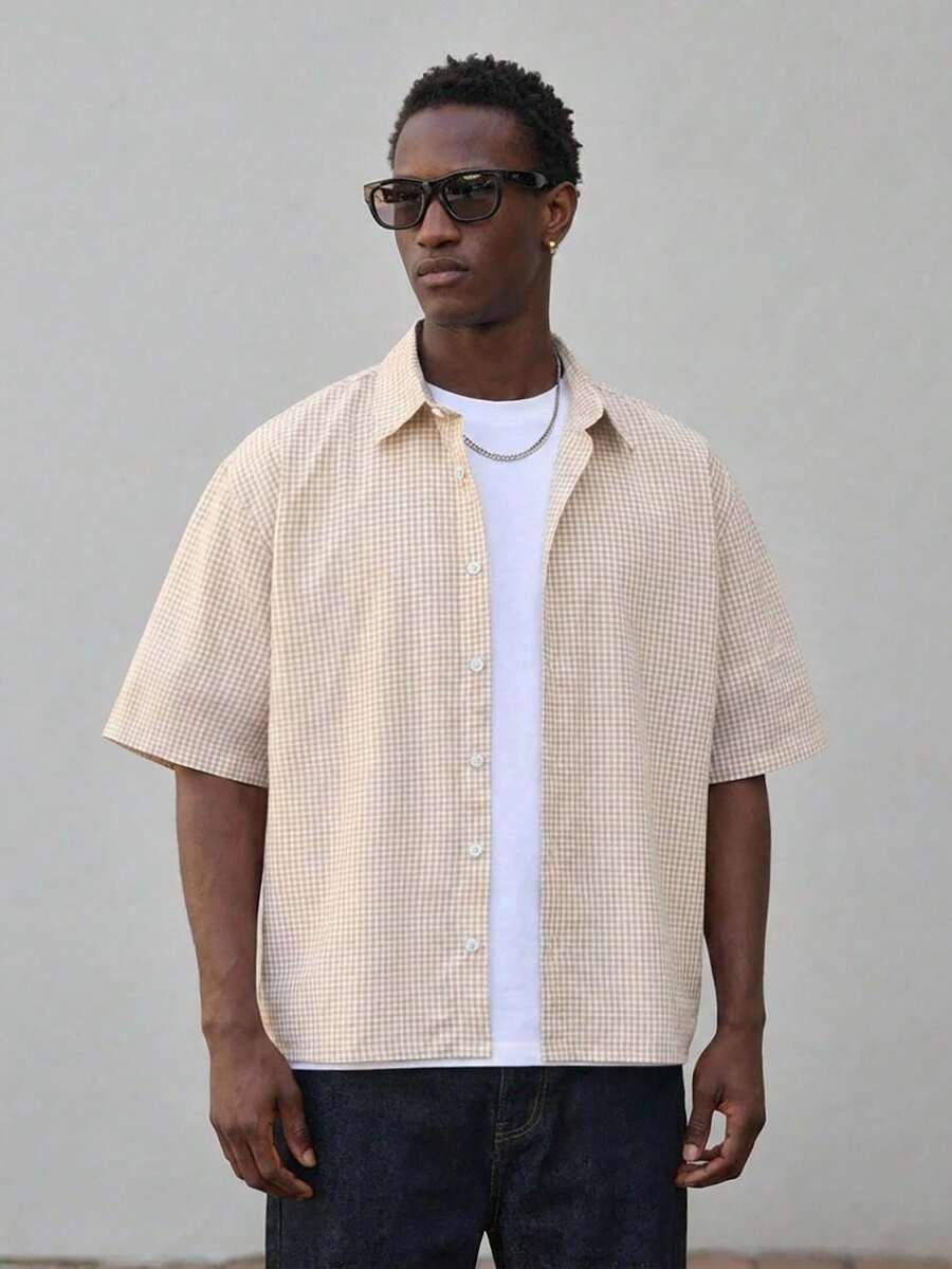 STYNVO 男士格子印花纽扣前开襟休闲短袖衬衫 - 彩色 - 查看 1