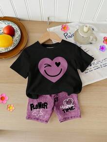 2pcs/Set Baby Girl Casual Loose Heart & Face Graffiti Print Round Neck Short Sleeve T-Shirt And Bike Shorts, Suitable For Spring/Summer Daily Wear, Outings, Holidays - Multicolor - View 3