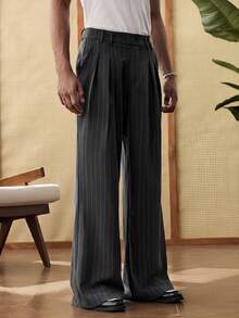 SWAVVY Men's Striped Print Slant Pocket Casual Loose Pants - Black - View 3