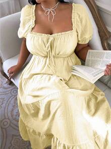 Lyrianda Plus Size French Ruffle Bow Tie Waist Spring/Summer Regular Dress Tea Party Vacation White Cottagecore - Apricot - View 4