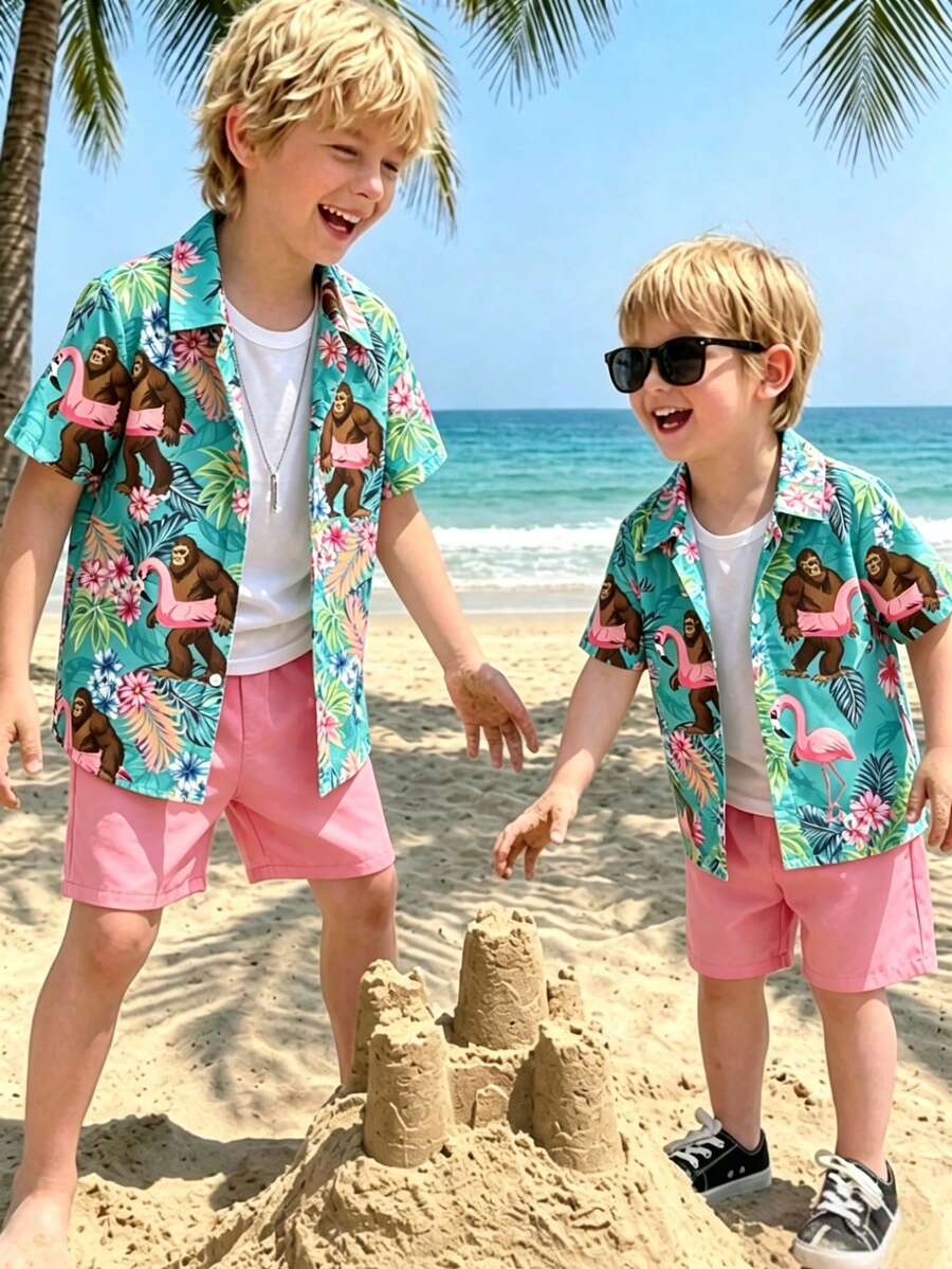 SHEIN Young BoyVacation Polo Collar Short Sleeve Shirt - Multicolor - View 1