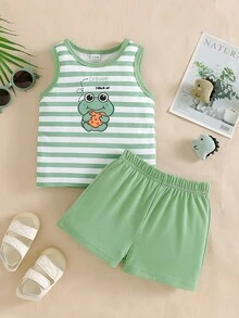 SHEIN Conjunto de top de tirantes a rayas con diseño de rana y pantalones cortos para bebés/niños pequeños, para verano - Verde - Ver 3