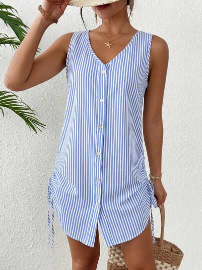 Swim Lushoire Women's Summer Swimsuit Mature Striped Single-Breasted Sleeveless Shirt Kimono Cover-Up, Suitable For Beach Vacation
