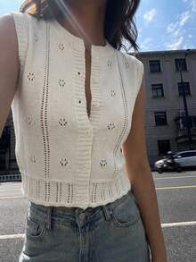 DAZY Women's Hollow Out Casual Crew Neck Cropped Knit Top Summer - Apricot - View 8