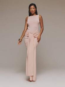 MUSERA Tie Waist Detail Ruched Cut Out Maxi Dress Cute Sexy Elegant Occasion Party Night Out Summer Spring Holiday Vacation Wedding Guest Dusty Pink - Baby Pink - View 5