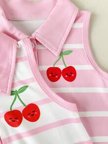 SHEIN Playful Pals 女童夏季条纹翻领无袖连衣裙 - 粉色 - 查看 8