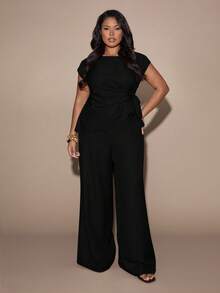 SHEIN BAE Plus Size Women Solid Color Top And Wide Leg Pants Casual Everyday Set - Black - View 5