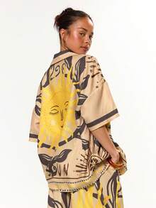 MUSERA Camisa de manga corta con botones y estampado gráfico solar, ideal para vacaciones, festivales, casual y elegante, con estilo de vacaciones en la playa de Ibiza, primavera y verano - Marrón Chocolate - Ver 4