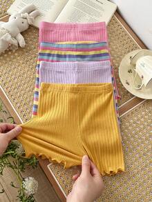 SHEIN 4pcs Baby Girl Knitted Solid Striped Casual Fitted Shorts Set - Multicolor - View 6