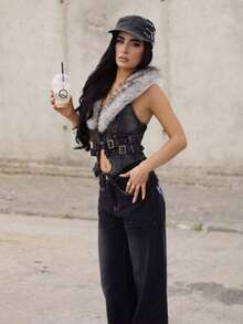 AfricaSnchz Y2K 女款可拆卸仿毛领牛仔夹克 - 淺灰色 - 查看 6